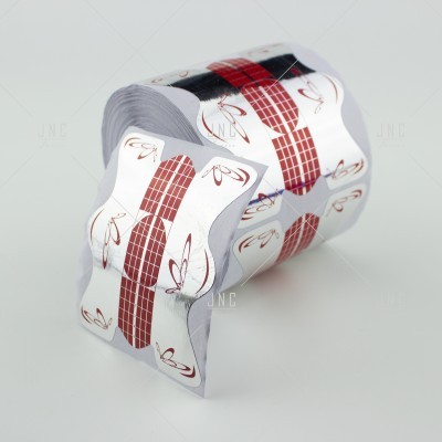 Rolo de moldes para unhas prateado com padrões vermelhos e marrons