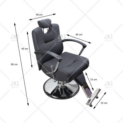 Cadeira de barbeiro preta com apoio de cabeça, braços e base metálica circular