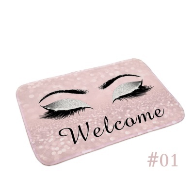 Tapete rosa claro com olhos desenhados e palavra Welcome
