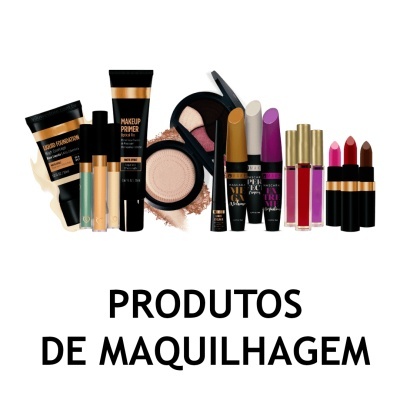 Produtos de maquilhagem variados sobre fundo branco com texto