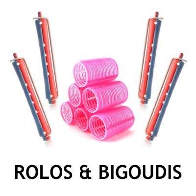Rolos vermelhos e cinzentos e bigoudis cor-de-rosa com texto ROLOS & BIGOUDIS