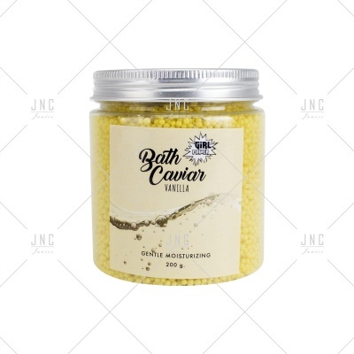 Frasco de Bath Caviar Vanilla com esferas amarelas e tampa prateada