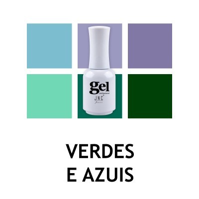 Frasco de verniz gel branco com texto preto e quadrados coloridos verdes, azuis e roxos