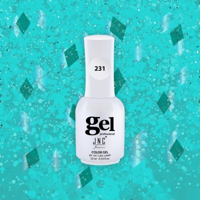 Frasco branco de verniz gel profissional com etiqueta 231 sobre fundo azul turquesa brilhante