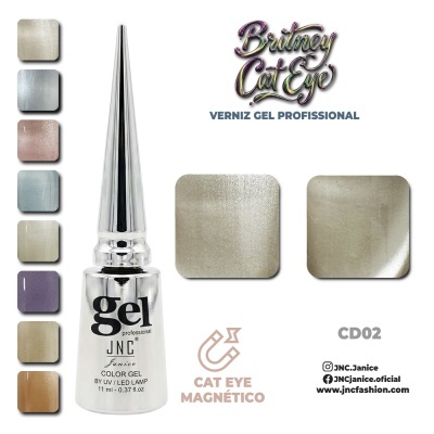 Verniz gel profissional JNC Janice prateado com amostras de cores metálicas