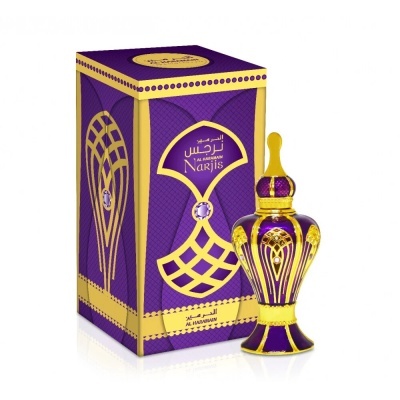 Frasco de perfume roxo e dourado com embalagem a condizer e texto em árabe e 'Narjis'