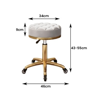 Banco redondo estofado cinzento claro com base metálica dourada e rodas