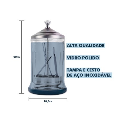 Frasco de vidro azul com tampa e cesto de aço inoxidável e instrumentos metálicos dentro