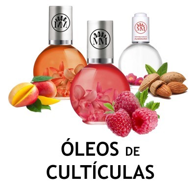 Frascos de óleo para cutículas com frutas e amêndoas e texto ÓLEOS DE CULTÍCULAS