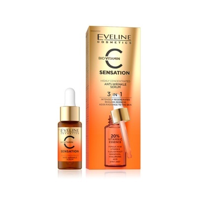 Frasco pequeno de sérum facial Eveline Cosmetics Bio Vitamin C Sensation e caixa associada em tons laranja e dourado