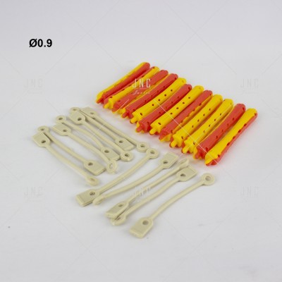 Conjunto de buchas amarelas e vermelhas com fiadas brancas, em fundo branco, com texto 0.9