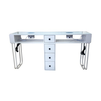 Mesa de trabalho branca com gavetas e superfície de vidro