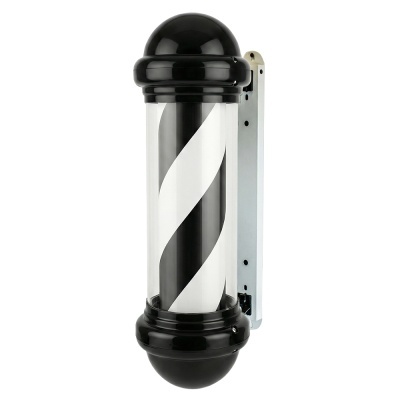 Barbearia preta com faixa branca dentro de invólucro transparente montada em suporte cinza