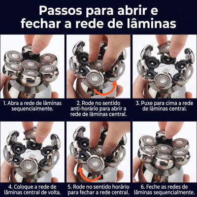 Passos para abrir e fechar rede de lâminas metálicas redondas para aparador de cabelo.