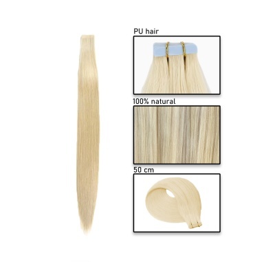 Extensão de cabelo loiro platinado com detalhes de fixação e comprimento