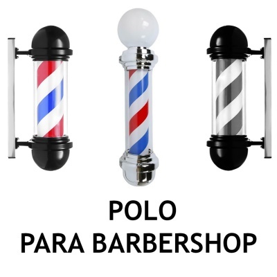 Três postes de barbearia com listras coloridas e a inscrição POLO PARA BARBERSHOP