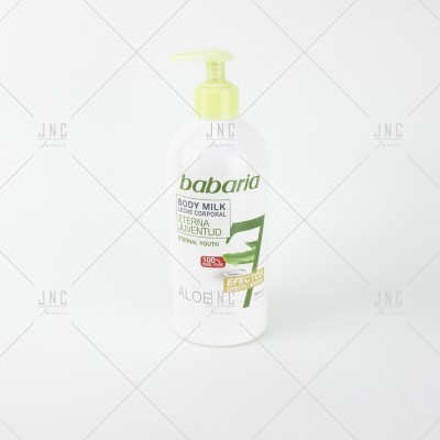 Frasco de leite corporal Babaria com doseador amarelo e texto em espanhol e inglês