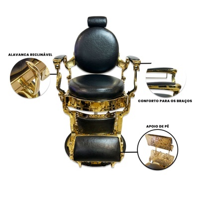 Cadeira de barbeiro preta com estrutura dourada e detalhes sobre alavanca reclinável, conforto para os braços e apoio de pé.