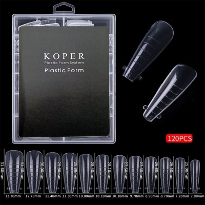 Caixa transparente com 120 formas plásticas médias para unhas KOPER, várias medidas visíveis