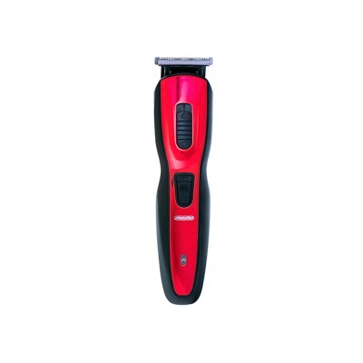 Aparelho de barbear preto e vermelho com lâmina prateada e texto AREXONS