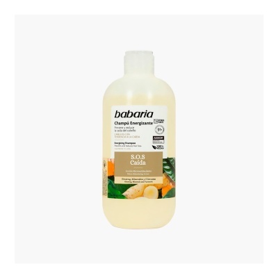 Garrafa de champô Babaria Champú Energizante S.O.S Caída com rótulo colorido e alimento natural