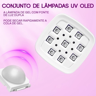 Lâmpada UV OLED branca quadrada com nove LEDs em fundo rosa com texto