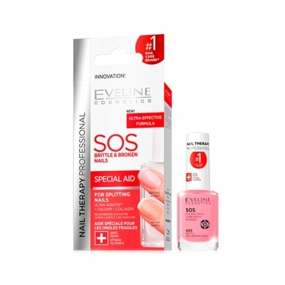 Produto Eveline Cosmetics SOS para unhas frágeis e partidas com embalagem branca e vermelha e frasco de verniz cor-de-rosa