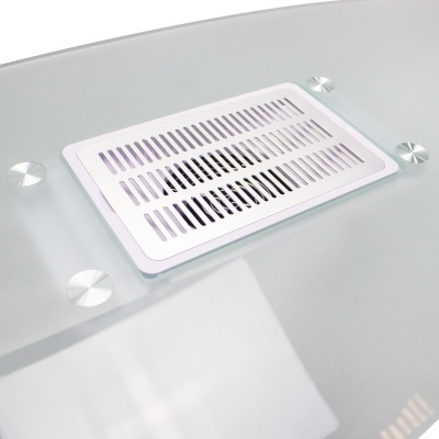 Base de mesa de vidro com grelha retangular embutida e suportes metálicos