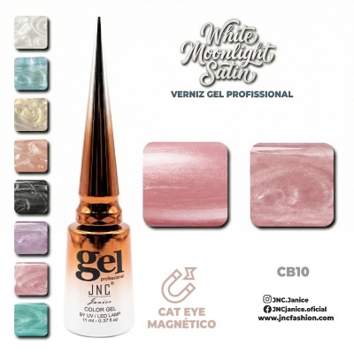 Verniz gel profissional JNC White Moonlight Satin em embalagem com tampa dourada e amostras coloridas pastel.