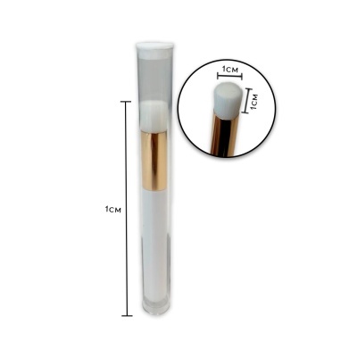 Pincel de maquilhagem branco com detalhe dourado dentro de estojo transparente com dimensões indicadas