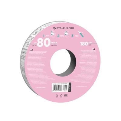 Disco abrasivo rosa para unhas Staleks Pro com texto e instruções