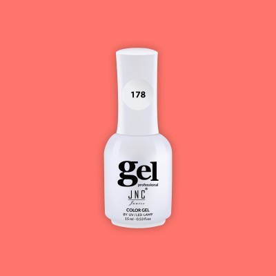 Frasco branco de verniz gel para unhas JNC Professional número 178 sobre fundo coral