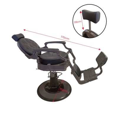 Cadeira reclinável preta para barbeiro com apoio de cabeça e pés ajustáveis