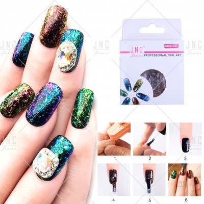 Unhas decorativas holográficas coloridas com pedras, embaladas em caixa JNC Professional Nail Art.
