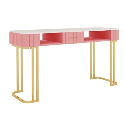 Mesa de escritório cor-de-rosa com tampo branco e pernas douradas