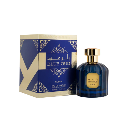 Frasco e caixa de perfume BLUE OUD NUSUK azul escuro e dourado
