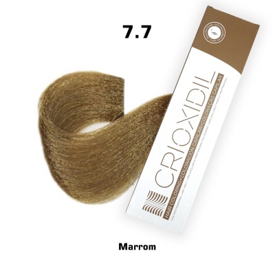 Tonalizante para cabelo Croxidil cor 7.7 Marrom com amostra de cabelo castanho