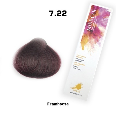 amostra de cabelo cor framboesa e embalagem de coloração capilar MISS COL