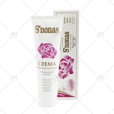 Tubo branco de creme S'nonas com design de rosa cor-de-rosa e embalagem ao fundo
