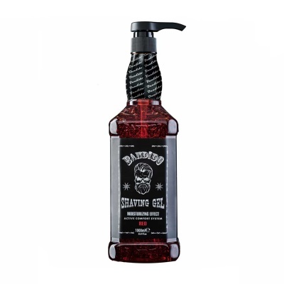 Frasco de gel de barbear Bandido vermelho com tampa preta e rótulo preto com texto branco.