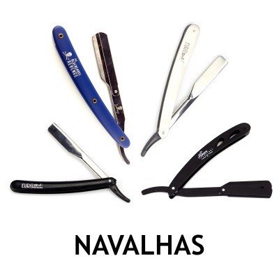 Quatro navalhas de barbear coloridas sobre fundo branco com texto NAVALHAS