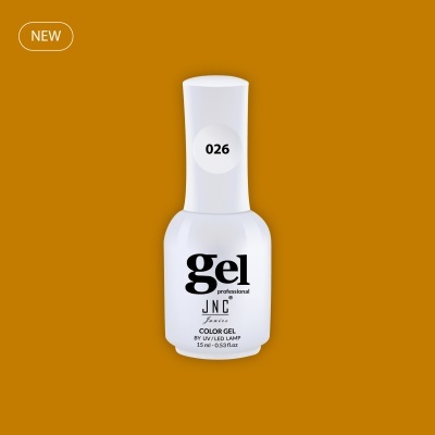 Frasco branco de verniz gel para unhas com etiqueta número 026 em fundo castanho