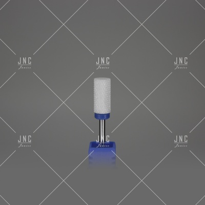 Lima cilíndrica branca com base azul para unhas em fundo cinza