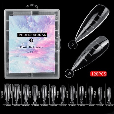 Caixa transparente com 120 moldes plásticos para unhas e texto Professional & Plastic Nail Forms 120 pcs