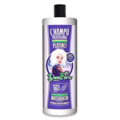 Frasco de champô Platino da Diana Flores com rótulo roxo e branco