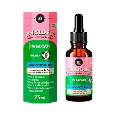 Frasco âmbar com conta-gotas e embalagem rosa e verde do tónico noturno densidade Lola