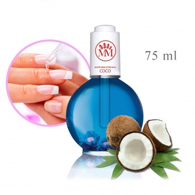 Frasco azul de óleo para cutículas MM com coco e mãos em fundo branco