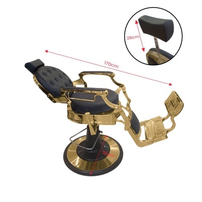 Cadeira de barbearia dourada com estofos pretos e apoio de cabeça ajustável