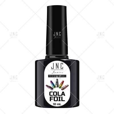 Frasco preto de verniz de unhas com rótulo 'JNC Envie PROFESIONAL COLA FOIL 10 mL'