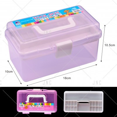 Caixa de ferramentas de plástico lilás translúcido com tampa branca e rótulo colorido